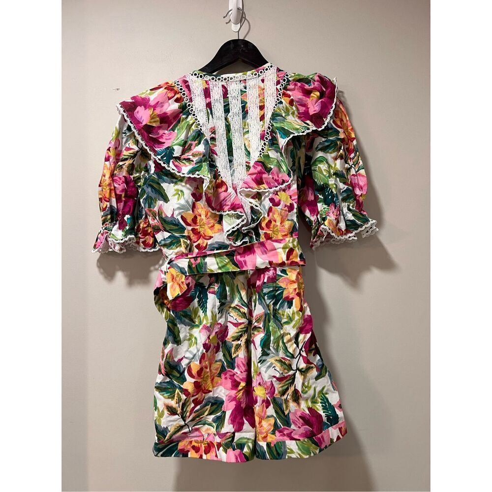 Farm Rio Women's Multicolor Floral Ruffle Belted V-Neck Romper Shorts Large NWOT - Picture 10 of 11